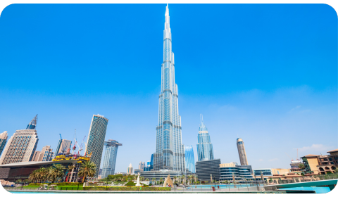 Photo of Downtown Dubai, showing the Burj Khalifa in the middle.